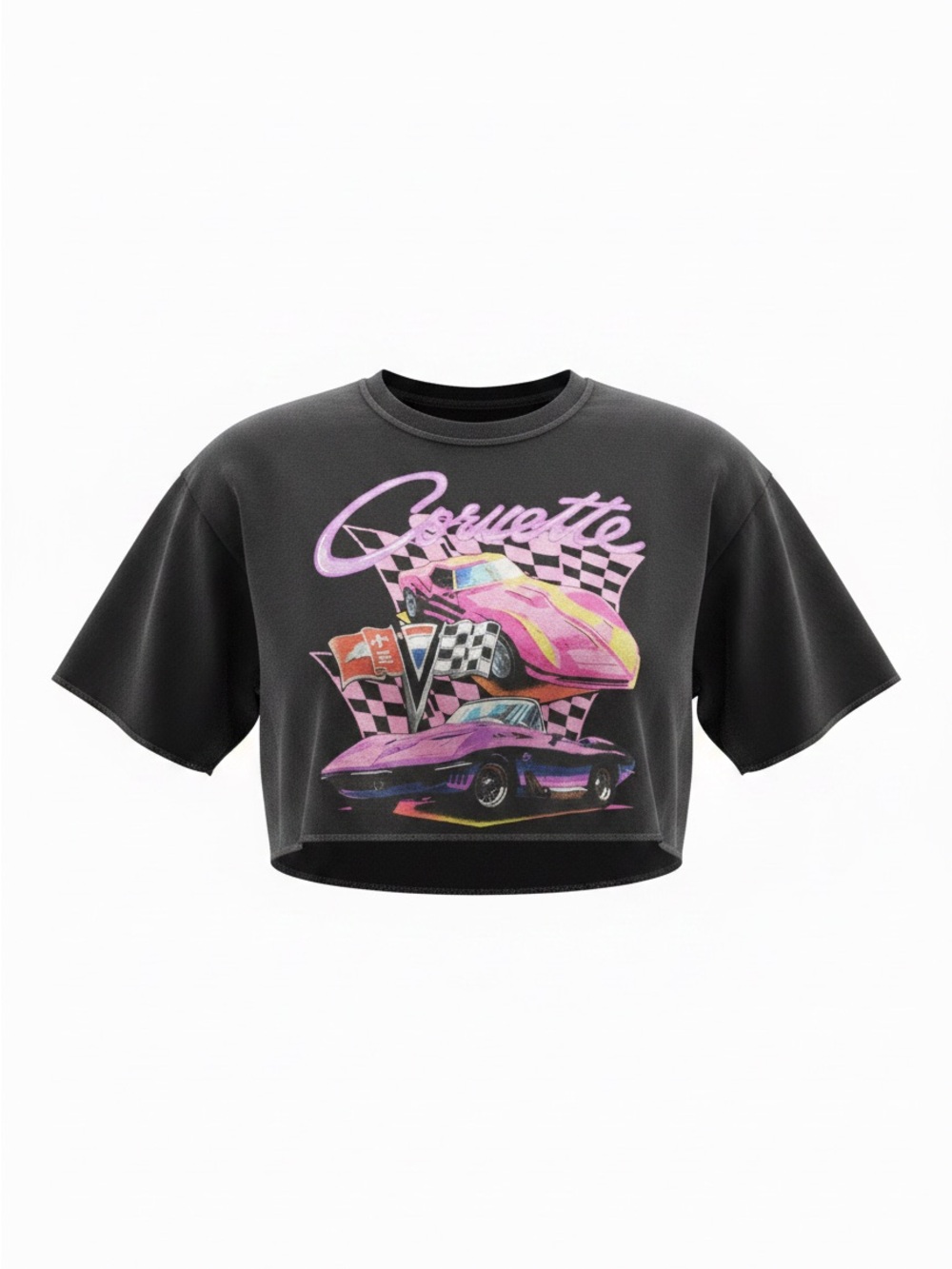 Chemistry Black Cropped Tee with Pink and Purple Corvette Graphic